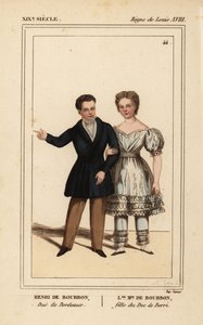 Henry, Graf von Chambord, Herzog von Bordeaux 1820-1883 und Louise Marie Therese von Artois, Tochter des Herzogs von Berry 1819-1870. Handkolorierte Lithographie von Madame Calon aus Le Bibliophile Jacob alias Paul Lacroix