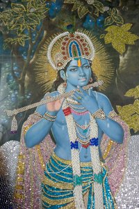 Hinduismus; Gemälde von Lord Krishna mit Flöte; Durgiana Mandir Vishnu Tempel; Amritsar; Punjab; Indien; Südasien; Asien von Unbekannt