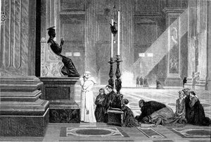 Geschichte des antiken Roms. Papst Pius IX. im Gebet vor der Statue des hl. Petrus in der Vatikanbasilika, Stich von G. Laplant 1867 von Unbekannt