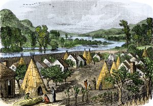 Geschichte der indigenen Völker: Mohawk-Dorf, New York, um 1780. Farbige Gravur des 19. Jahrhunderts von Unbekannter Künstler