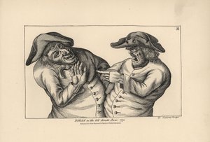 Hodge und Roaf beschuldigen sich gegenseitig, einen Topf Urin anstelle eines Krugs Bier stehen gelassen zu haben. Kupferstich von Thomas Sanders nach einer satirischen Illustration von Timothy Bobbin (John Collier) aus Human Passions Delineated, John Haywo von Unbekannter Künstler