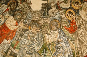 Heilige Jungfrau und Heiliger Johannes, Kame koptisches Kloster: 9. Jh. Fresko: Die Verkündigung. Maria ist umgeben von den Propheten Moses, Jesaja, Ezechiel und Daniel.