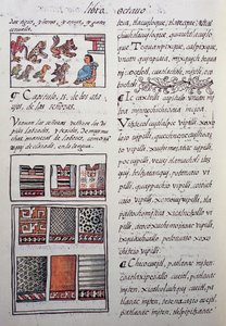 Huipil, weibliches Kleidungsstück, das von der Adelsklasse getragen wird, mit bestickten Blusen, Buch VIII des Florentiner Kodex, Allgemeine Geschichte der Dinge von Neuspanien, von dem spanischen Missionar Fray Bernardino de Sahagun. Aztekische Zivilisati von William M. Timlin