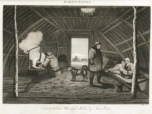 Hütte von Kamtschatka (Halbinsel im äußersten Osten Russlands) und Transportschlitten, um 1810