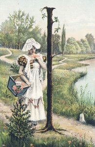 I: Eine Frau in Kleid, Schürze und Haube hält einen Korb auf ihrem rechten Arm. Ländliche Umgebung - Alphabet Figuren Ref Th. E., L. Theochrom - Serie 994. Theodor Eisman, Verleger, Leipzig