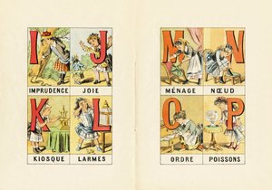 I: Unvorsichtigkeit; J: Freude; K: Kiosk; L: Tränen; M N O P: Haushalt, Knoten, Ordnung, Fische - Gravur aus ABCD der kleinen Mädchen. Pellerin & Cie, Drucker-Verleger, Epinal, um 1890. Serie A. Maße: 19 x 13,5 cm.
