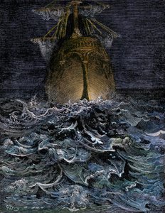 Ich beobachtete das Meer in Zersetzung, der Rumpf eines Schiffes auf dem Meer bei Nacht - Illustration von Gustave Doré (1832-1883) für „La Lournte du vieux sailor“ von Samuel Taylor Coleridge (1772-1834) - Kolorierte Gravur von Unbekannter Künstler