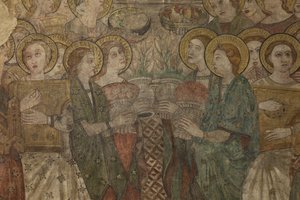 Innenraum. Nordquerhaus. Altar. Original aus der Hauptkapelle. Wandmalereien (Fresko?). (Detail) Ende 14. Jahrhundert. von Unbekannt