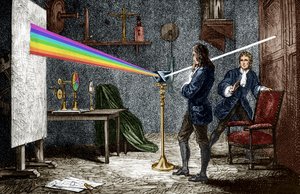 Isaac Newton zerlegt Licht mit einem Glasprisma