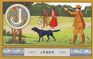 J : Jäger - Alphabet Palmin. Serie von Chromolithographien herausgegeben von H. Schlinck & Cie, Hamburg. Werbung für Palmin feinstes Kokosfett. von Unbekannter Künstler