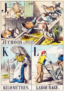 J K L: Hühnerstall, Kilometer, Pflügen - „Alphabet des Bauernhofs“ Ende des 19. Jahrhunderts (Gravur) von Unbekannt