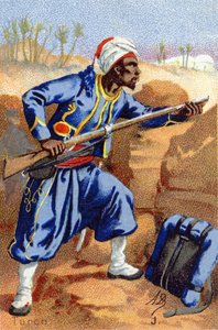 J: Turco. Gravur in "Militäralphabet". Initialen des Illustrators: A. D. Unbekannter Herausgeber. Chromolithographien Ende des 19. Jahrhunderts. Dim: 10,5x7cm