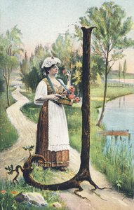 J: Eine Frau in langem Rock, Schürze und Mieder trägt einen Korb mit Blumen. Ländliche Umgebung - Alphabet Figuren Ref Th. E., L. Theochrom - Serie 994. Theodor Eisman, Verleger, Leipzig