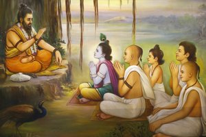 Jalaram Prathna hinduistischer Tempel, Leicester. Fresko. Krishna und Anhänger hören Balarama zu. Vereinigtes Königreich von Unbekannt
