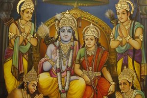 Jalaram Prathna Hindu-Tempel, Leicester. Fresko. Ram, Sita mit Lakshman zu Rams rechter Seite und Hanuman kniend, und Gläubige, Vereinigtes Königreich