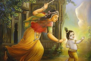 Jalaram Prathna hinduistischer Tempel, Leicester. Fresko. Yashoda und Krishna. Vereinigtes Königreich von Unbekannt