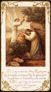 Jesus kniet im Gebet im Garten Gethsemane, ein Engel reicht ihm einen Kelch. Frühes 20. Jahrhundert (Postkarte)