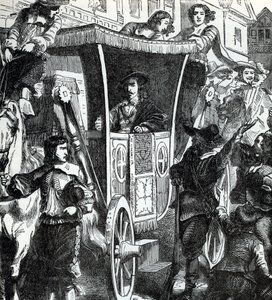 König Karl I. wird von der Menge verhöhnt nach dem gescheiterten Versuch, die fünf Parlamentsmitglieder John Pym, John Hampden, Denzil Holles, William Strode und Arthur Haselrig am 4. Januar 1642 zu verhaften. 19. Jahrhundert (Gravur aus „Geschichte der We