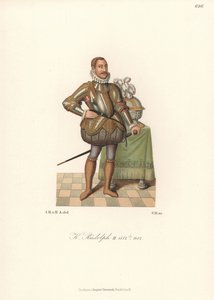 König Rudolf II., Heiliger Römischer Kaiser, König von Böhmen, Erzherzog von Österreich (1552-1612). In Spitzenkrause, Plattenpanzer mit Gold verziert, geschlitzte gepolsterte Hosen und Kettenhemdsocken. Chromolithographie aus Hefner-Alteneck