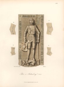 Ritter in Rüstung des 15. Jahrhunderts, mit Details der Bindungen an Knien und Ellbogen - Grabstein von Peter von Stettenberg, gestorben 1441 - Chromolithographie, Zeichnung von Jakob Heinrich von Hefner-Alteneck (1811-1903), für sein Buch "Costumes, craft von Unbekannter Künstler