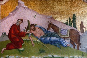 Kykkos-Kloster, Zypern. Mosaik. Der barmherzige Samariter, Pedoulas, Zypern