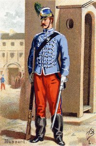 L: Husar. Gravur in "Militäralphabet". Initialen des Illustrators: A. D. Unbekannter Herausgeber. Chromolithographien Ende des 19. Jahrhunderts.