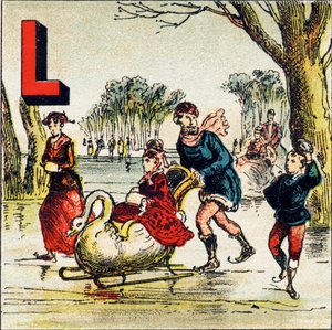 L: See. Ein See ist ein großes Wassergebiet, das von Land umgeben ist. Der Genfer See ist ein bewundernswerter See - Gravur aus Alphabet geographique. Guerin-Muller et Cie, Verleger, Paris von Unbekannt