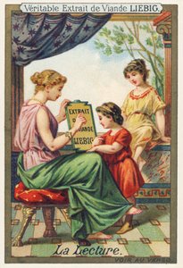Das Lesen. Eine sitzende junge Frau zeigt zwei stehenden Mädchen ein Werbeschild von Liebig. Chromolithographische Werbung, Liebig
