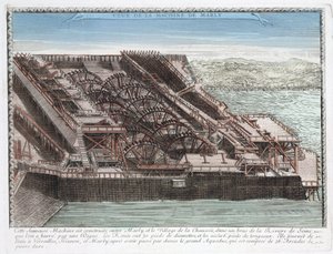 Die Maschine von Marly von Rennequin, die dazu diente, Wasser aus der Seine nach Versailles zu pumpen und zu leiten, um die Parks der Schlösser von Marly und Versailles mit Wasser zu versorgen