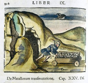 Die Mine im 16. Jahrhundert: ein Mann schiebt einen mit Erz gefüllten Wagen zum Eingang einer Mine von Unbekannt