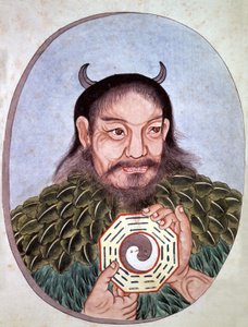 Legendärer chinesischer Kaiser Fu Hi, einer der Gründer des Taoismus (2582 v. Chr.), er trägt das Medaillon mit Yin und Yang, chinesische Gravur, Ende des 18. Jahrhunderts von Unbekannter Künstler