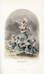 Die Feen der Gänseblümchen auf den Wiesen, gekrönt mit Blumenhüten, eine verlässt die Blütenblätter eines Gänseblümchens - Radierung von Charles Geoffroy nach einer Illustration von Jean Ignace Isidore Gerard dit J.J.Granville für Les fleurs animées