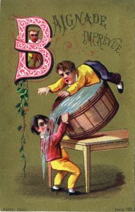 Buchstabe B: Unvorhergesehenes Baden. Gravur in "Alphabet des grotesques". Serie von 25 Werbe-Chromolithographien auf goldenem Hintergrund, Ende des 19. Jahrhunderts.
