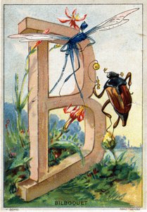 Buchstabe B wie Bilboquet. Künstlerisches Alphabet von Herrn Marinier. Herausgegeben von Henry Sicard, Ende des 19. Jahrhunderts. Werbechromolithographien für in Apotheken verkaufte Produkte. Dim: 12,5 x 9 cm