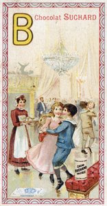 Buchstabe B: Promenade, Balkon, Getränke, Kerzen, Dienstmädchen, Bank. Gravur des Alphabets herausgegeben von Chocolat Suchard, Anfang des 20. Jahrhunderts. 24 Chromolithographien, die Orte, Charaktere und Objekte darstellen, die im Bild entdeckt werden so