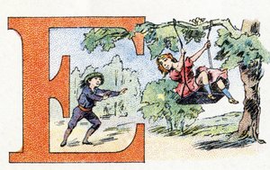 Buchstabe E: Schaukel. Alphabet von Phosphatine Falieres. Gravur. Brevete Alphabet S.G.D.G. von Apotheker Pierre Emile Falieres. Illustrationen in Chromolithografie, Ende des 19. Jahrhunderts.