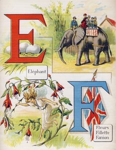 Buchstaben E und F: Elefant und Blumen, Mädchen, Wimpel. Gravur im „ABC L