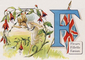 Buchstabe F: Blumen, Mädchen, Wimpel (Illustration aus „ABC L
