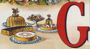 Buchstabe G: Kuchen. Gravur in "Alphabet de ma petite fille". Bernardin-Bechet und Fils, Buchhändler-Verleger, Paris, um 1895. von Unbekannt