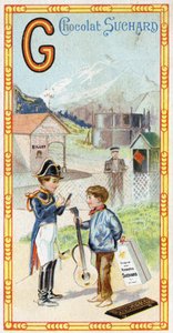 Buchstabe G: Gletscher, Gendarm, Gasometer, Kind, Station, Krieger, Wetterfahne, Gitarre. Gravur des Alphabets herausgegeben von Chocolat Suchard, Anfang des 20. Jahrhunderts. 24 Chromolithografien.