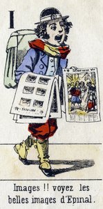 Buchstabe I: "Bilder!! Sehen Sie die schönen Bilder von Epinal". Alphabet "Kindervergnügen". Epinal-Bildgebung, um 1890. Beliebte Serie. Kleines Heft mit 8 Seiten. von Unbekannt