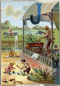 Buchstabe J: Garten; Spiel; Spielzeug; Jockey; Gärtner; Fernglas; Strahl; Zeitung. Alphabet. In jedem Bild gibt es eine Reihe von berühmten Wörtern, deren Darstellungen inszeniert sind. Chromolithographien der Pariser Lithographie, um 1890. Dim: 10,7x7,5cm