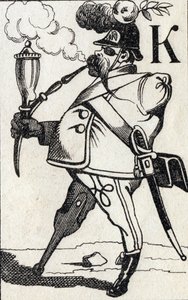 Buchstabe K Fritz Kreutzer. Gravur in "ABC Les Images en Alphabet". Epinal-Bildgebung. Pellerin und Cie, Drucker-Verleger, Epinal, Ende des 19. Jahrhunderts, circa 1890. von Unbekannt