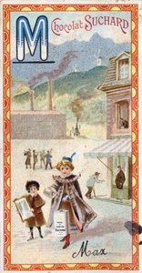 Buchstabe M: Berg, Spiegel, Maschine, Herstellung, Mantel, Bettler, Mühle. Gravur des Alphabets herausgegeben von Chocolat Suchard, Anfang des 20. Jahrhunderts. 24 Chromolithographien, die Orte, Charaktere und Objekte darstellen, die im Bild entdeckt werde