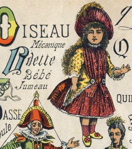 Buchstabe O. Gravur in "ABC Toys". Epinal-Bildgebung in Chromolithographie, um 1890. Kleines Heft mit 8 Seiten.