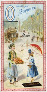 Buchstabe O: Omnibus, Osmanisch, Regenschirm, Oriflamme, Orange, Obelisk, Bär. Gravur des Alphabets herausgegeben von Chocolat Suchard, Anfang des 20. Jahrhunderts. 24 Chromolithographien, die Orte, Charaktere und Objekte darstellen, die im Bild entdeckt w von Unbekannt