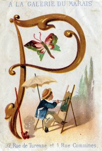 Buchstabe P: Maler, Schmetterling, Sonnenschirm, Pfeife. Alphabet Art Nouveau: Serie von 25 Werbe-Chromolithographien. Lithographie von Alfred Clarey, Ende des 19. Jahrhunderts. Dim 115x75mm von Unbekannter Künstler