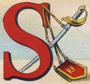 Buchstabe S: Säbel. Gravur in "Alphabet de ma petite fille". Bernardin-Bechet und Fils, Buchhändler-Verleger, Paris, um 1895.