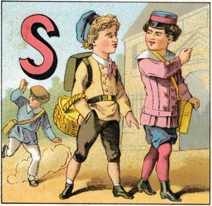 Buchstabe S wie Schulabschluss. Gravur in „Alphabet des petits écoliers“. Bild von Epinal, um 1885. Private Sammlung