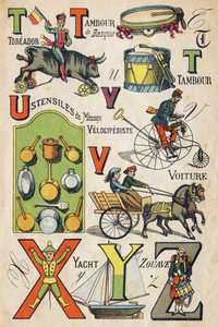 Buchstaben T, U, V, X, Y und Z. Gravur in "ABC Toys". Epinal Imaging in Chromolithografie, ca. 1890. Kleines Heft mit 8 Seiten.